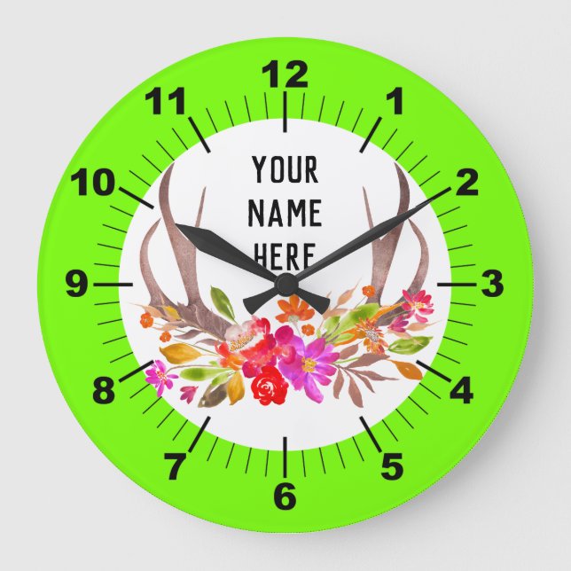 Personalized Neon Green Floral Large Clock (Front)