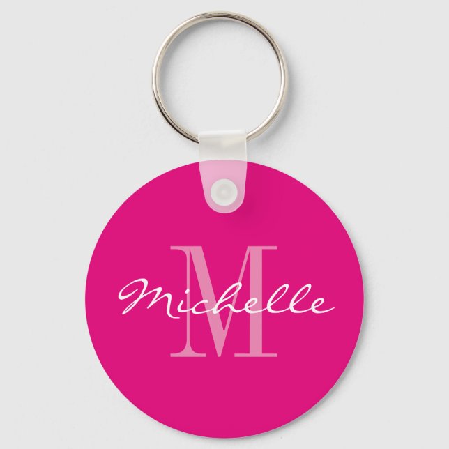 Personalized neon pink monogram button keychain (Front)