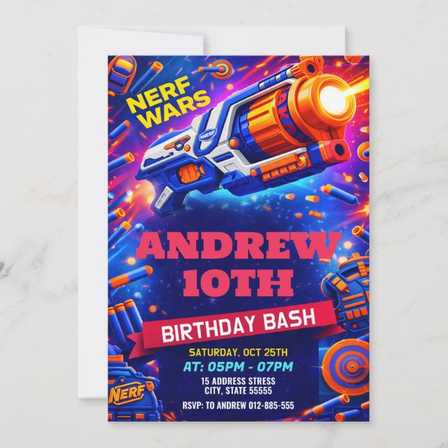 Personalized Nerf Birthday for kids Invitation (Front)
