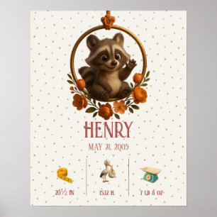 Personalized Newborn Baby – Raccoon & Birth Stats Poster