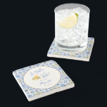 Personalized Newlywed Mediterranean Coastal Home  Stone Coaster<br><div class="desc">A stone coaster for newlywed's home featuring Mediterranean tile patterns, elegant script calligraphy, and a playful watercolor gelato ice cream design. Inspired by Italian coastal home decor and the sunny charm of the Amalfi Coast, this modern stylish bar accessory captures the spirit of la dolce vita with bright blue and...</div>