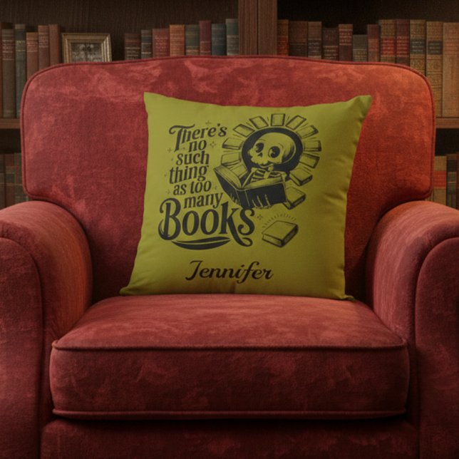 Personalized No Such Thing Too Many Bookworm Cushion (Olive green book worm throw pillow on red velvet chair.)