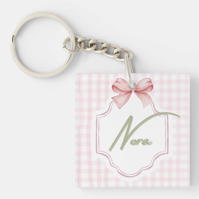 Personalized Nora Baby Girl Nursery Bow&Gingham  Key Ring (Front)