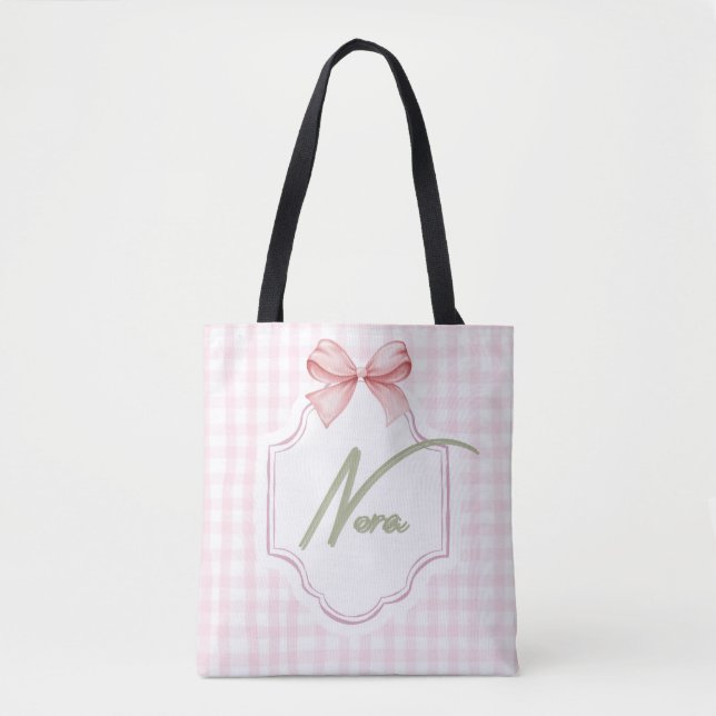 Personalized Nora Baby Girl Nursery Bow&Gingham  Tote Bag (Front)