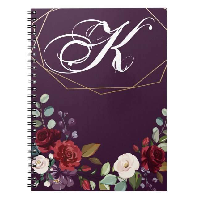 Personalized Note Book Plum Purple Roses Gold Geom (Front)