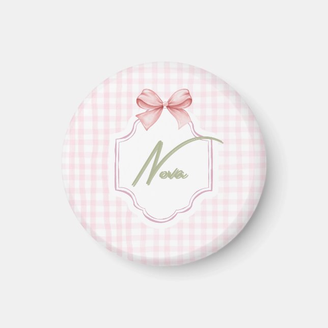 Personalized Nova Baby Girl Nursery Bow&Gingham  Magnet (Front)