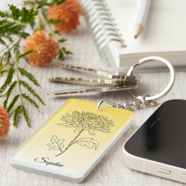 Personalized November Birth Flower Chrysanthemum Key Ring (Front Right)