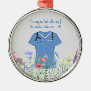Personalized Nurse RN LPN NP Blue Scrubs Metal Tree Decoration