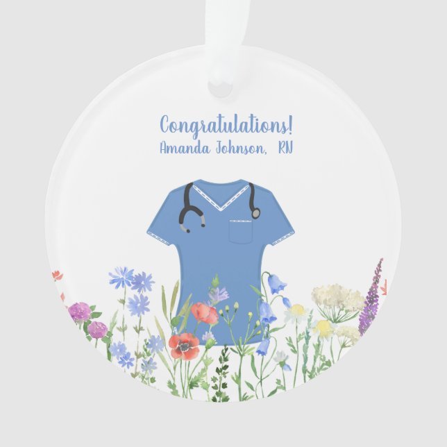 Personalized Nurse RN LPN NP Blue Scrubs Ornament (Front)