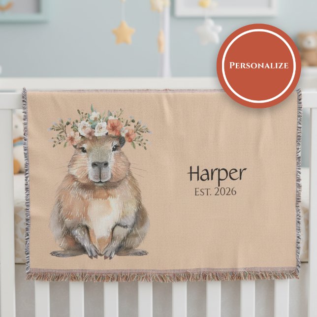 Personalized Nursery Blanket • Capybara Baby Decor (Watercolor nursery blanket with capybara and floral crown on soft neutral background)