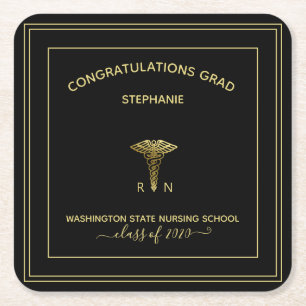 Personalized Nursing School black Graduation Party Square Paper Coaster