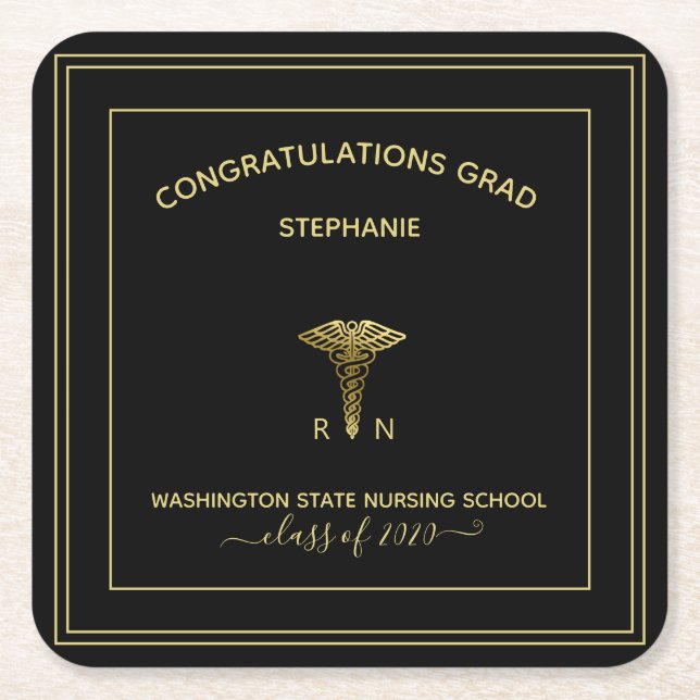 Personalized Nursing School black Graduation Party Square Paper Coaster (Front)