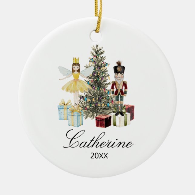 Personalized Nutcracker and Fairy Christmas Tree Ceramic Tree Decoration (Front)