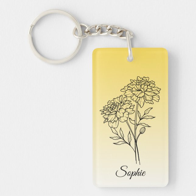 Personalized October Birth Flower Marigold Key Ring (Front)