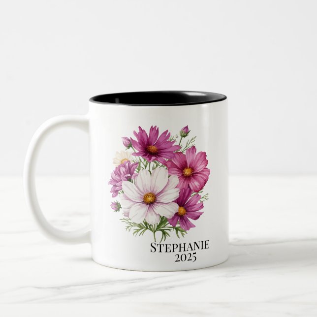Personalized October Cosmos Birth Flower Mugs (Left)