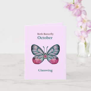 Personalized October Pink Glasswing Butterfly Art Card