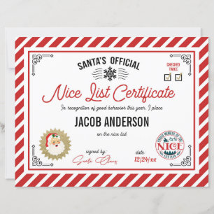 Personalized Official Santa Nice List Certificate