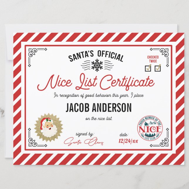 Personalized Official Santa Nice List Certificate (Front)