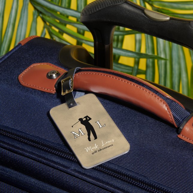 Personalized old-brown monogram golfer  luggage tag (Front Insitu 1)
