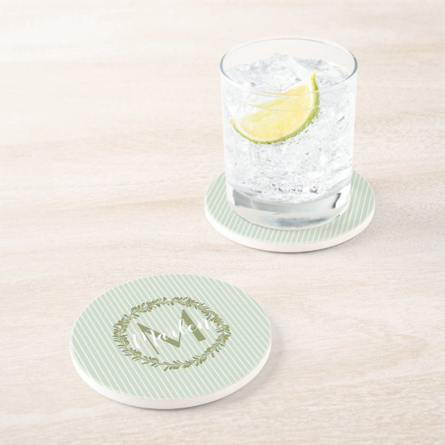 Personalized Olive Wreath Monogram Sandstone Coast Coaster (Side)