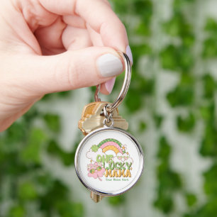 Personalized One Lucky Mama Groovy Rainbow Key Ring