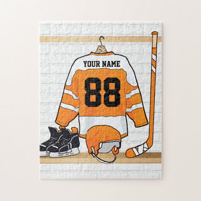 Personalized Orange and White Ice Hockey Jersey Jigsaw Puzzle (Vertical)