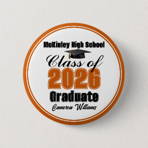 Personalized Orange Class of 2026 Graduation Party 6 Cm Round Badge