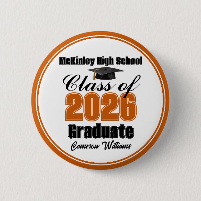 Personalized Orange Class of 2026 Graduation Party 6 Cm Round Badge (Front)