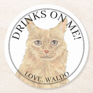 Personalized Orange Maine Coon Cat Wedding Round Paper Coaster