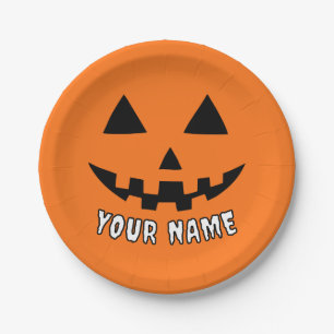Personalized Orange Pumpkin Halloween Your Name Paper Plate