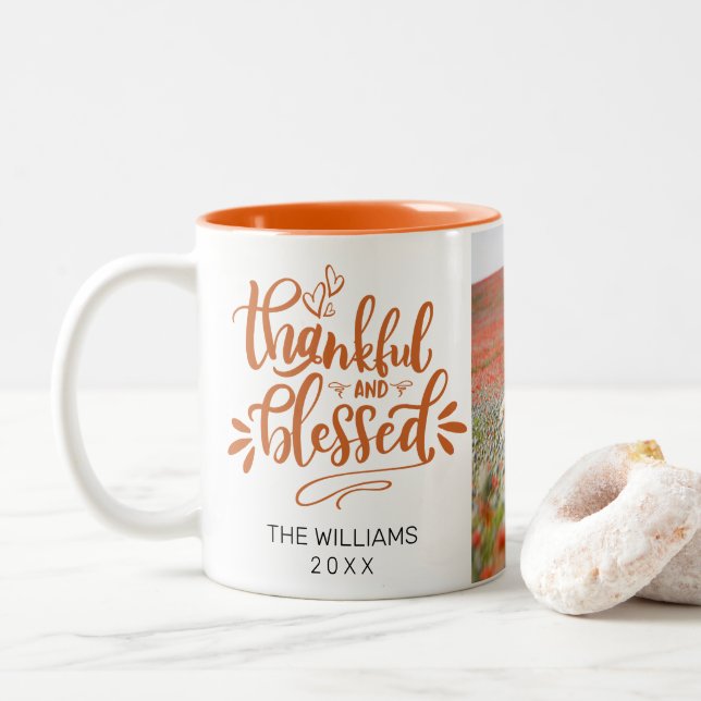 Personalized Orange Thankful and Blessed Photo Two-Tone Coffee Mug (With Donut)