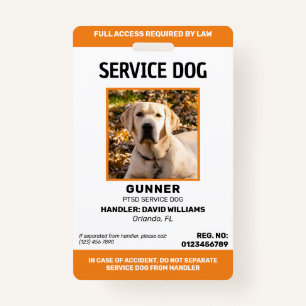 Personalized Orange White Service Dog Photo ID Badge