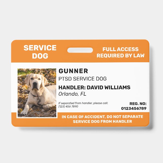 Personalized Orange White Service Dog Photo ID Badge (Front)