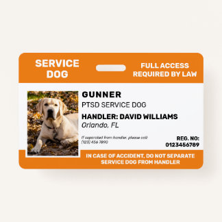 Personalized Orange White Service Dog Photo ID Badge