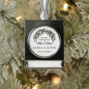 Personalized Our First Christmas As Mr & Mrs 2025 Silver Plated Banner Ornament