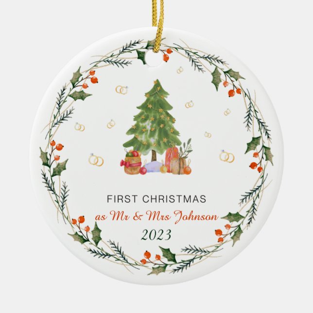 Personalized Our First Christmas Married Ceramic Tree Decoration (Front)