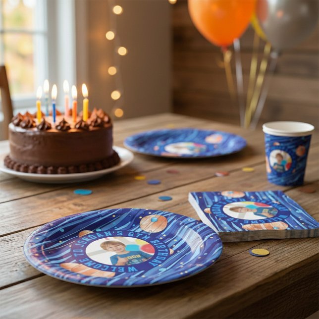Personalized Outer Space Galaxy Photo Birthday  Paper Plate (Creator Uploaded)