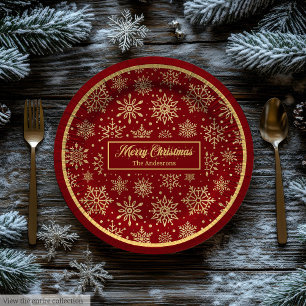 Personalized Paper Plates Red Gold Luxe Christmas