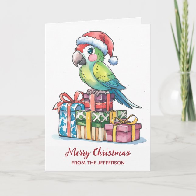 Personalized Parrot with Santa Hat Christmas       Holiday Card (Front)