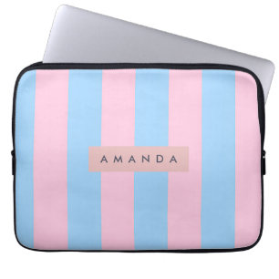 Personalized Pastel Blue and Pink Candy Stripe Laptop Sleeve