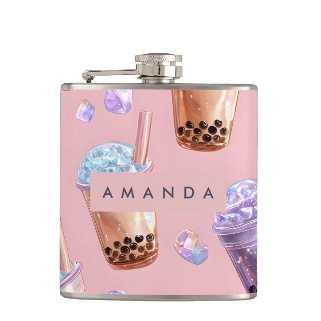 Personalized Pastel Boba Tea Dream Aesthetic Hip Flask (Front)