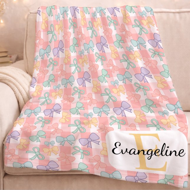 Personalized Pastel Bow Aesthetic Pink Gingham Fleece Blanket (Creator Uploaded)