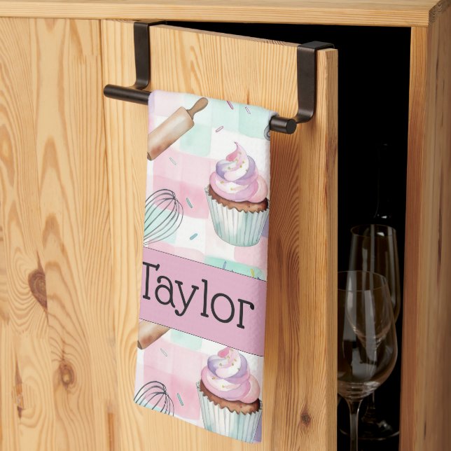 Personalized Pastel Cupcake Checkered Pattern Tea Towel (Thirds Fold)