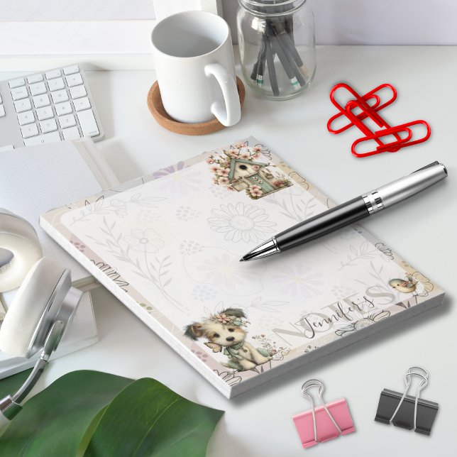 Personalized Pastel Dog & Floral Birdhouse Spring Notepad (Creator Uploaded)