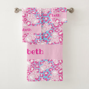 Personalized Pastel Goth Leopard Print Jolly Roger Bath Towel Set