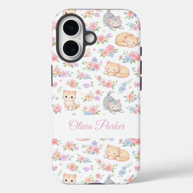 Personalized Pastel Kitten and Floral Name Custom  Case-Mate iPhone Case (Back)