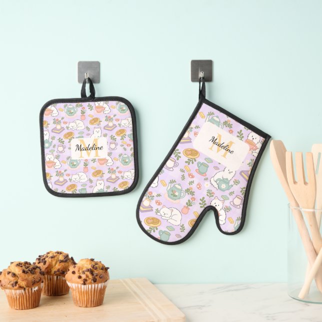 Personalized Pastel Lavender Kitchen Tea Cats Oven Mitt & Pot Holder Set (Insitu(Hanging))