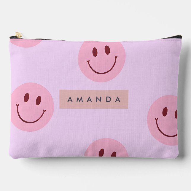 Personalized Pastel Lavender & Pink Smiley Face Accessory Pouch (Front)