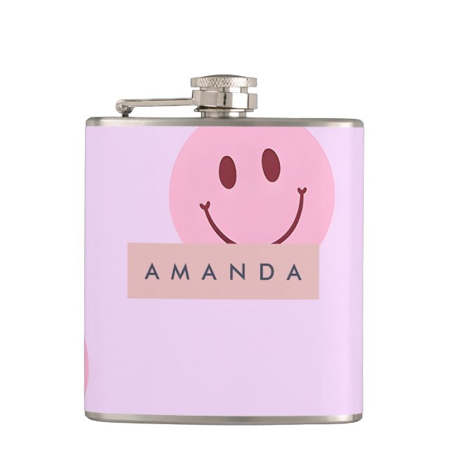 Personalized Pastel Lavender & Pink Smiley Face Hip Flask (Front)