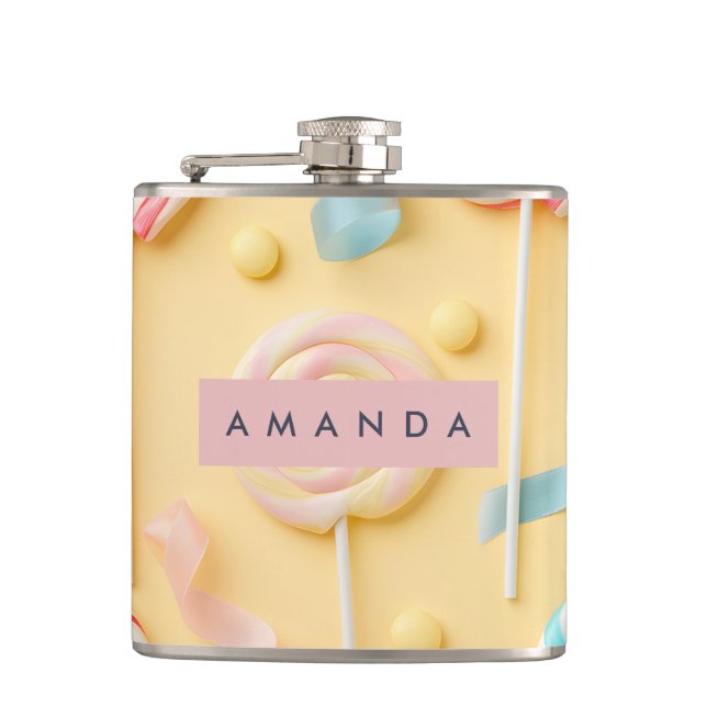 Personalized Pastel Lollipop Candy Swirl Hip Flask (Front)